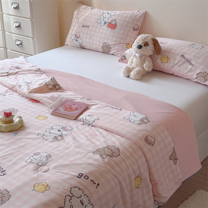 91家纺网 家纺一手货源 找家纺 暖生活 2026春夏新款A类针织锦氨绵绵冰双感夏被夏凉被空调被 粉格奶狗