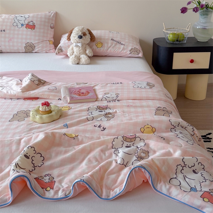 91家纺网 家纺一手货源 找家纺 暖生活 2026春夏新款A类针织锦氨绵绵冰双感夏被夏凉被空调被 粉格奶狗