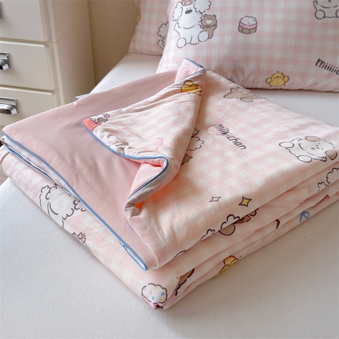 91家纺网 家纺一手货源 找家纺 暖生活 2026春夏新款A类针织锦氨绵绵冰双感夏被夏凉被空调被 粉格奶狗