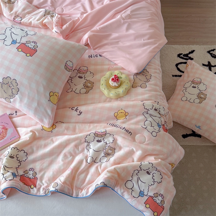 91家纺网 家纺一手货源 找家纺 暖生活 2026春夏新款A类针织锦氨绵绵冰双感夏被夏凉被空调被 粉格奶狗