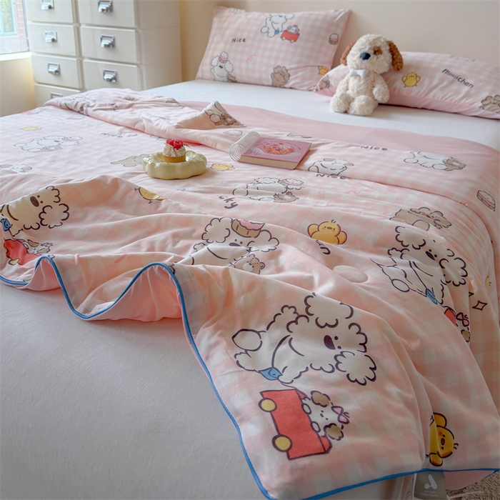 91家纺网 家纺一手货源 找家纺 暖生活 2026春夏新款A类针织锦氨绵绵冰双感夏被夏凉被空调被 粉格奶狗