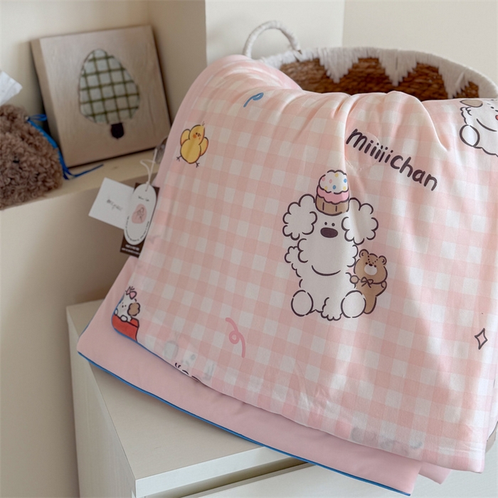 91家纺网 家纺一手货源 找家纺 暖生活 2026春夏新款A类针织锦氨绵绵冰双感夏被夏凉被空调被 粉格奶狗