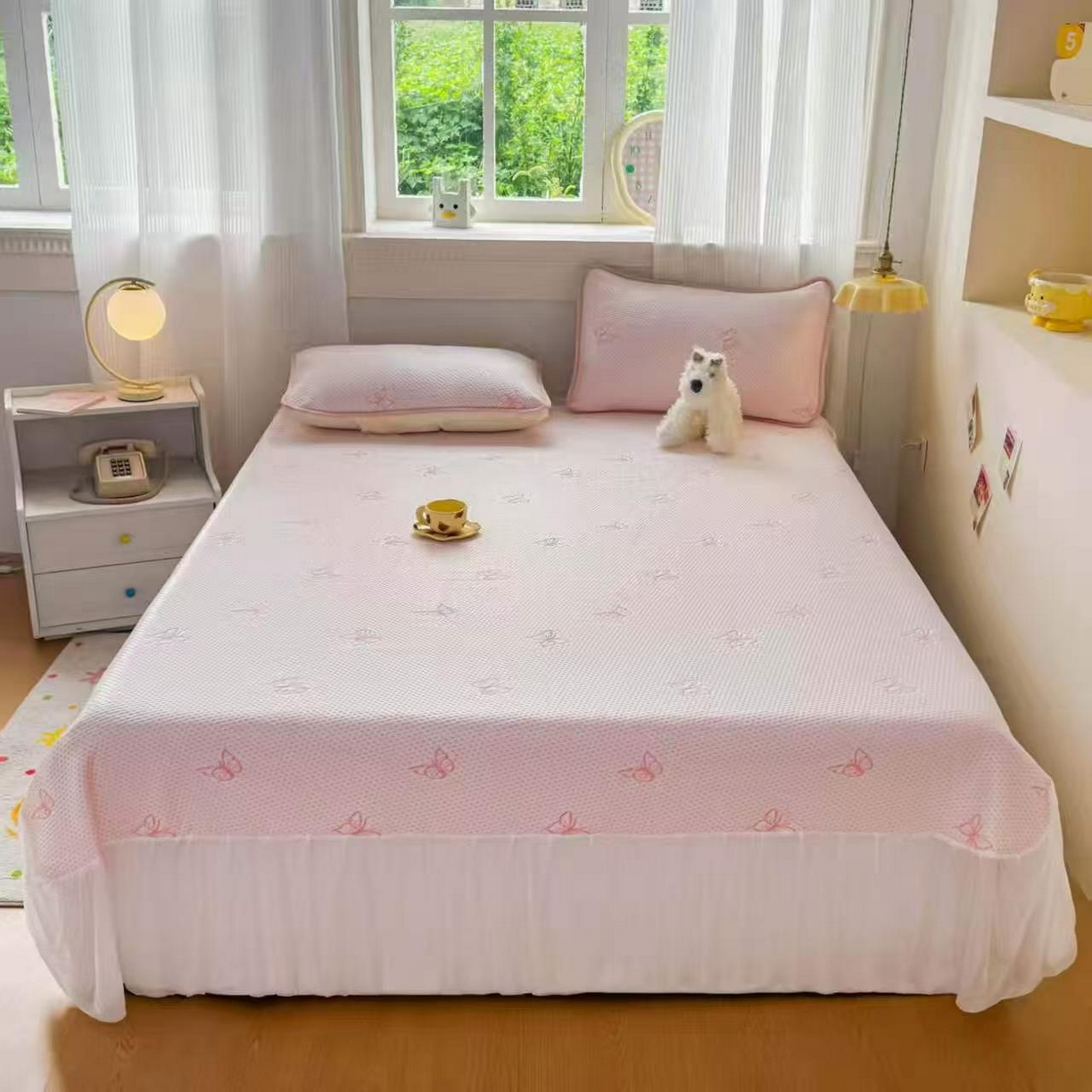 91家纺网 家纺一手货源 找家纺 席匠 2026新款蝴蝶结床裙凉席席子三件套 蝴蝶结-粉