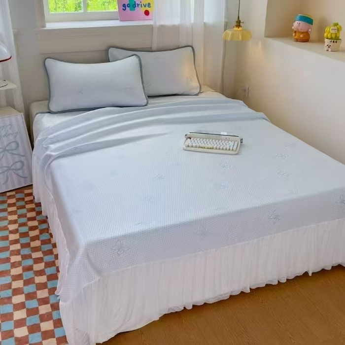 91家纺网 家纺一手货源 找家纺 席匠 2026新款蝴蝶结床裙凉席席子三件套 蝴蝶结-蓝