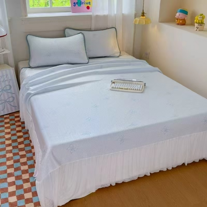 91家纺网 家纺一手货源 找家纺 席匠 2026新款蝴蝶结床裙凉席席子三件套 蝴蝶结-蓝