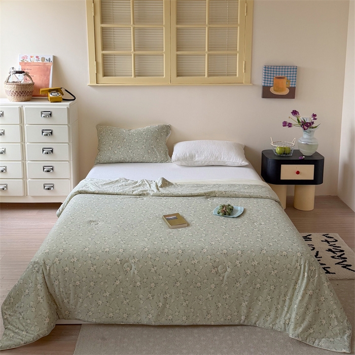 91家纺网 家纺一手货源 找家纺 暖生活 2026春夏新款A类针织锦氨绵绵冰双感夏被夏凉被空调被 绿野白茶