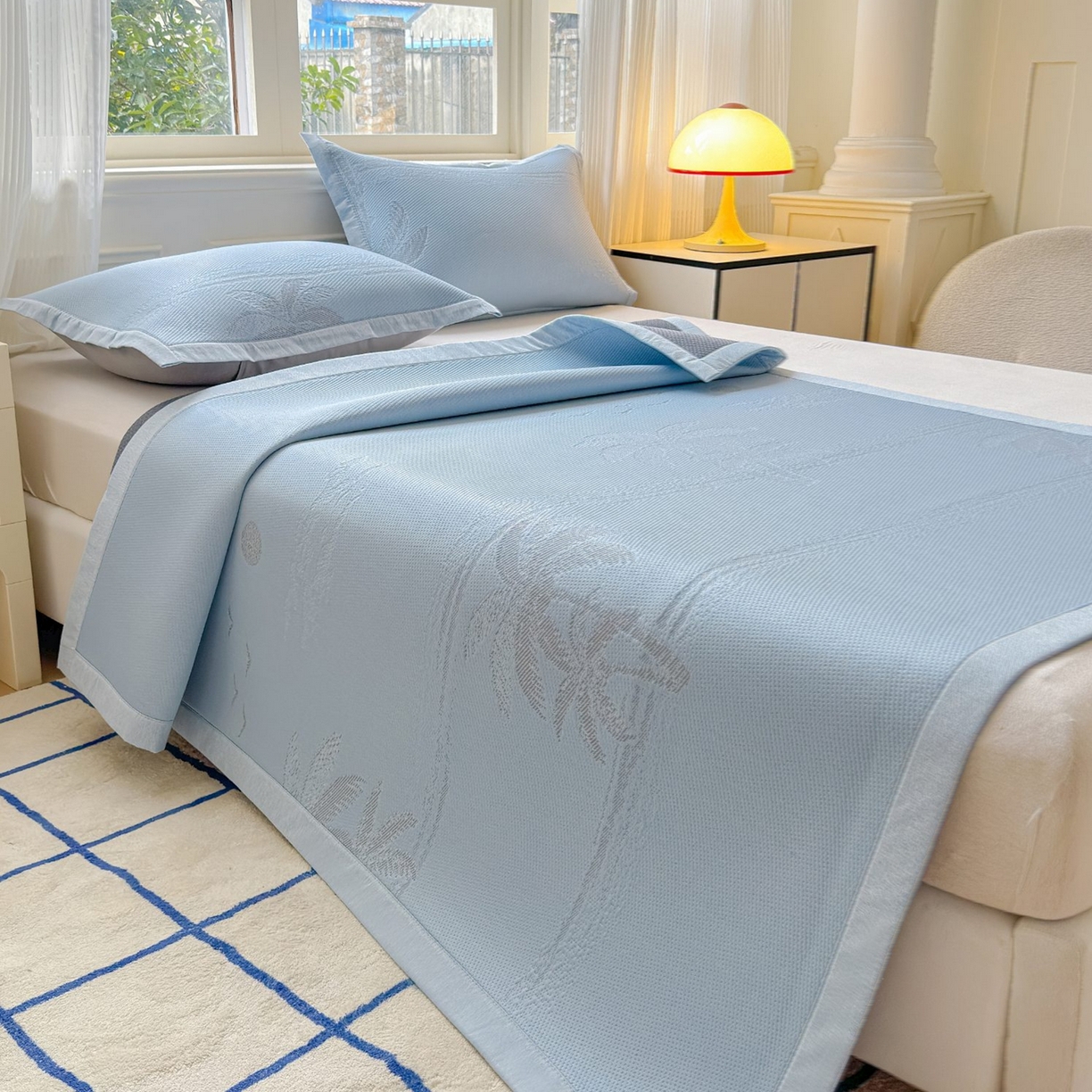 91家纺网 家纺一手货源 找家纺 席匠 2026新款硅胶防滑颗粒冰豆豆凉感席凉席席子 椰子树直角蓝