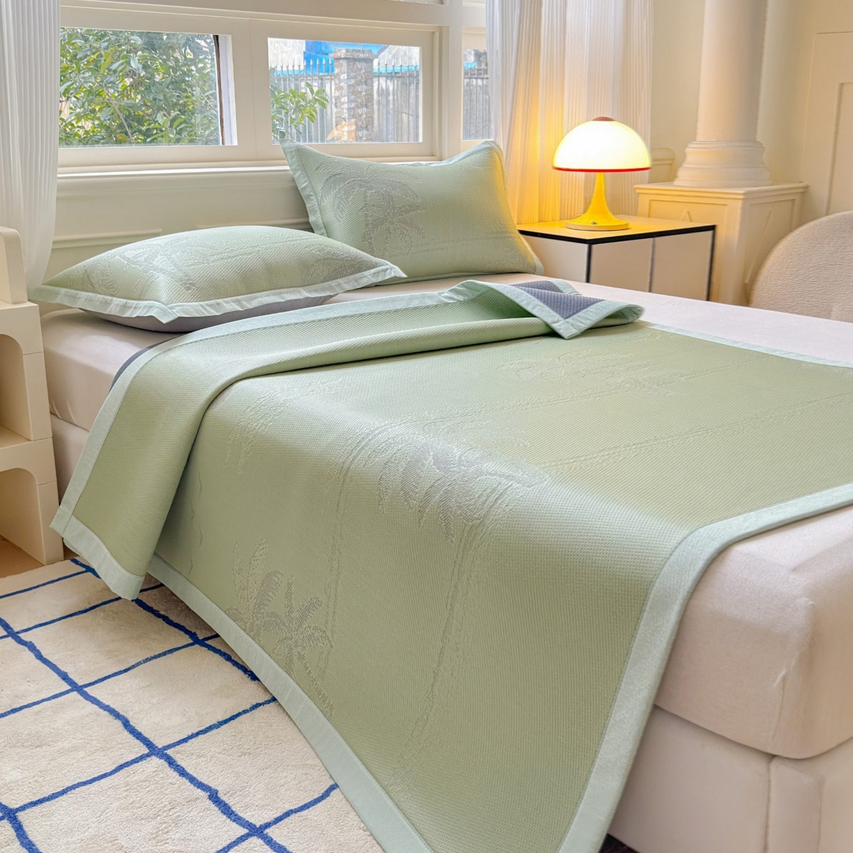 91家纺网 家纺一手货源 找家纺 席匠 2026新款硅胶防滑颗粒冰豆豆凉感席凉席席子 椰子树直角绿