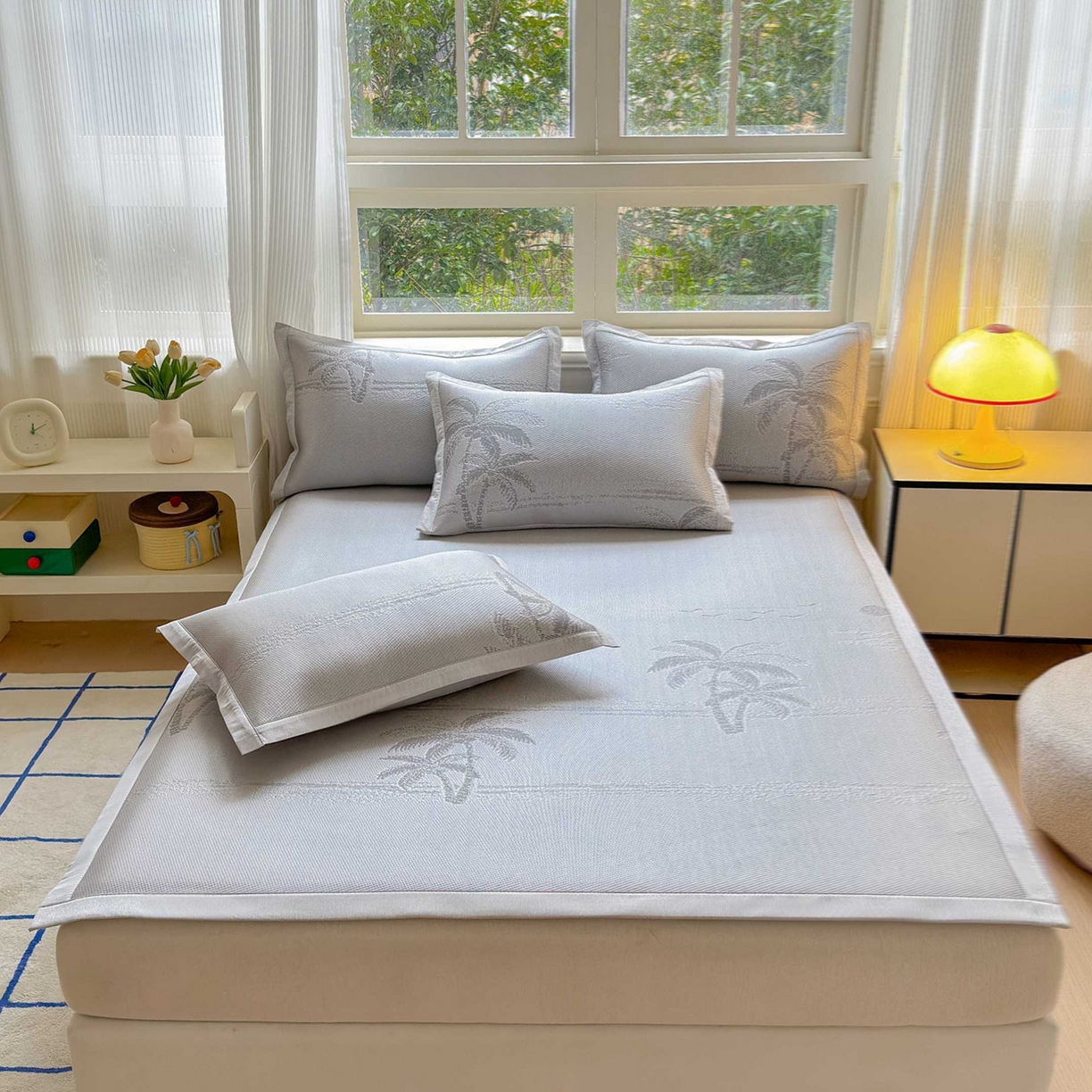 91家纺网 家纺一手货源 找家纺 席匠 2026新款硅胶防滑颗粒冰豆豆凉感席凉席席子 椰子树直角灰