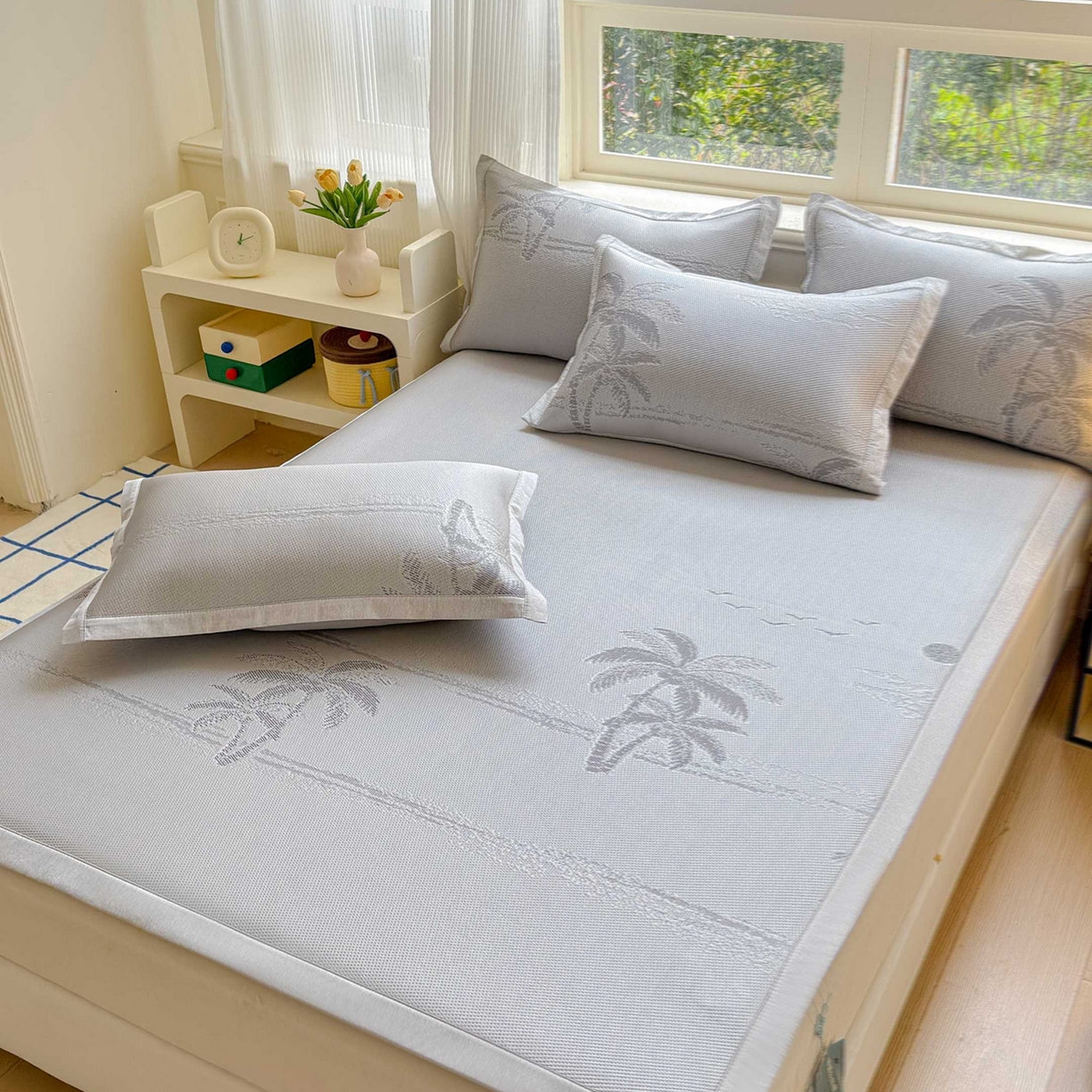 91家纺网 家纺一手货源 找家纺 席匠 2026新款硅胶防滑颗粒冰豆豆凉感席凉席席子 椰子树直角灰