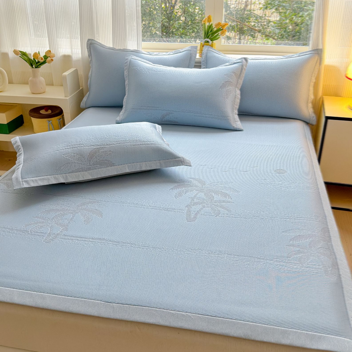 91家纺网 家纺一手货源 找家纺 席匠 2026新款硅胶防滑颗粒冰豆豆凉感席凉席席子 椰子树直角蓝