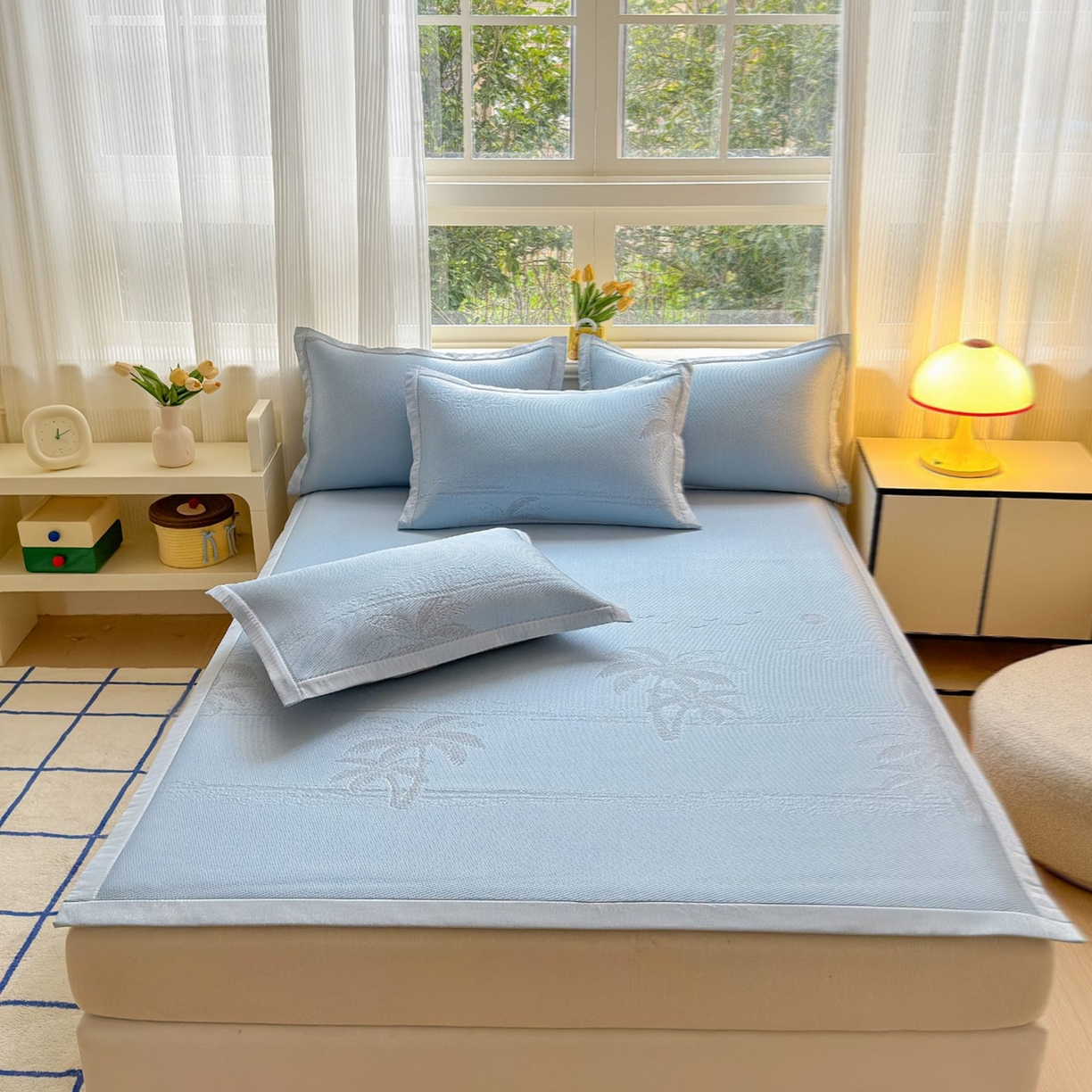 91家纺网 家纺一手货源 找家纺 席匠 2026新款硅胶防滑颗粒冰豆豆凉感席凉席席子 椰子树直角蓝