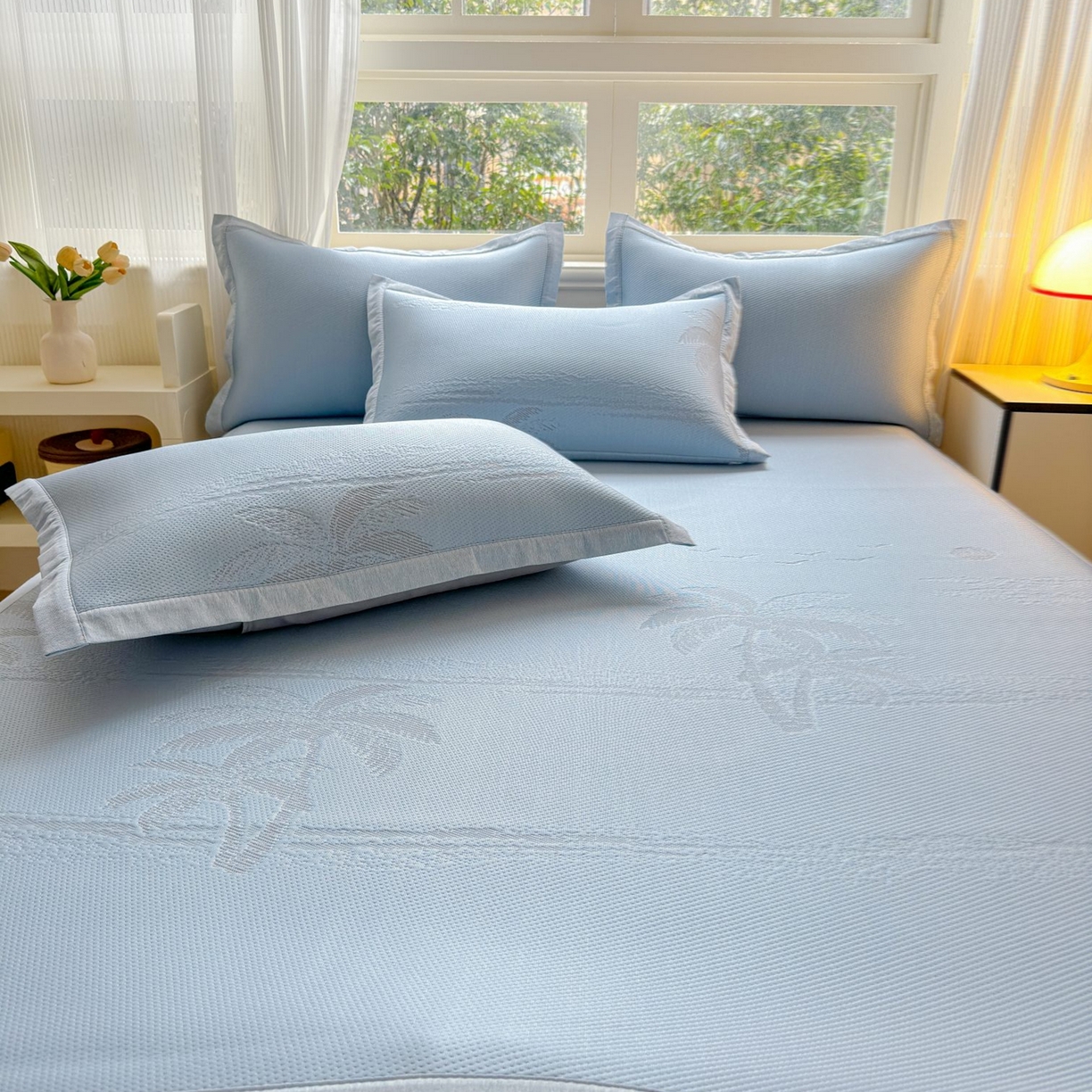 91家纺网 家纺一手货源 找家纺 席匠 2026新款硅胶防滑颗粒冰豆豆凉感席凉席席子 椰子树直角蓝