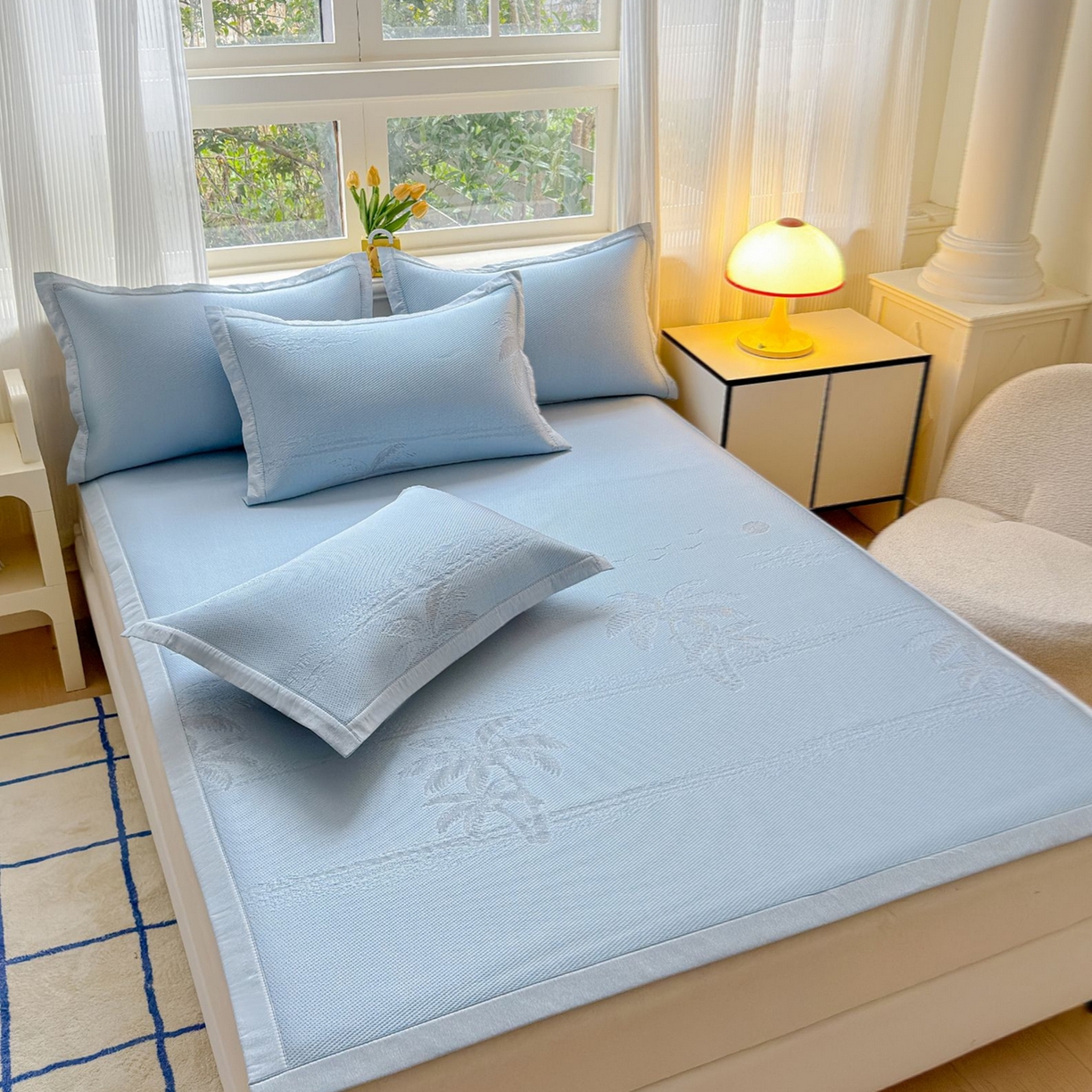 91家纺网 家纺一手货源 找家纺 席匠 2026新款硅胶防滑颗粒冰豆豆凉感席凉席席子 椰子树直角蓝