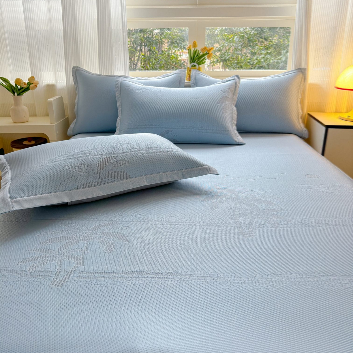 91家纺网 家纺一手货源 找家纺 席匠 2026新款硅胶防滑颗粒冰豆豆凉感席凉席席子 椰子树直角蓝