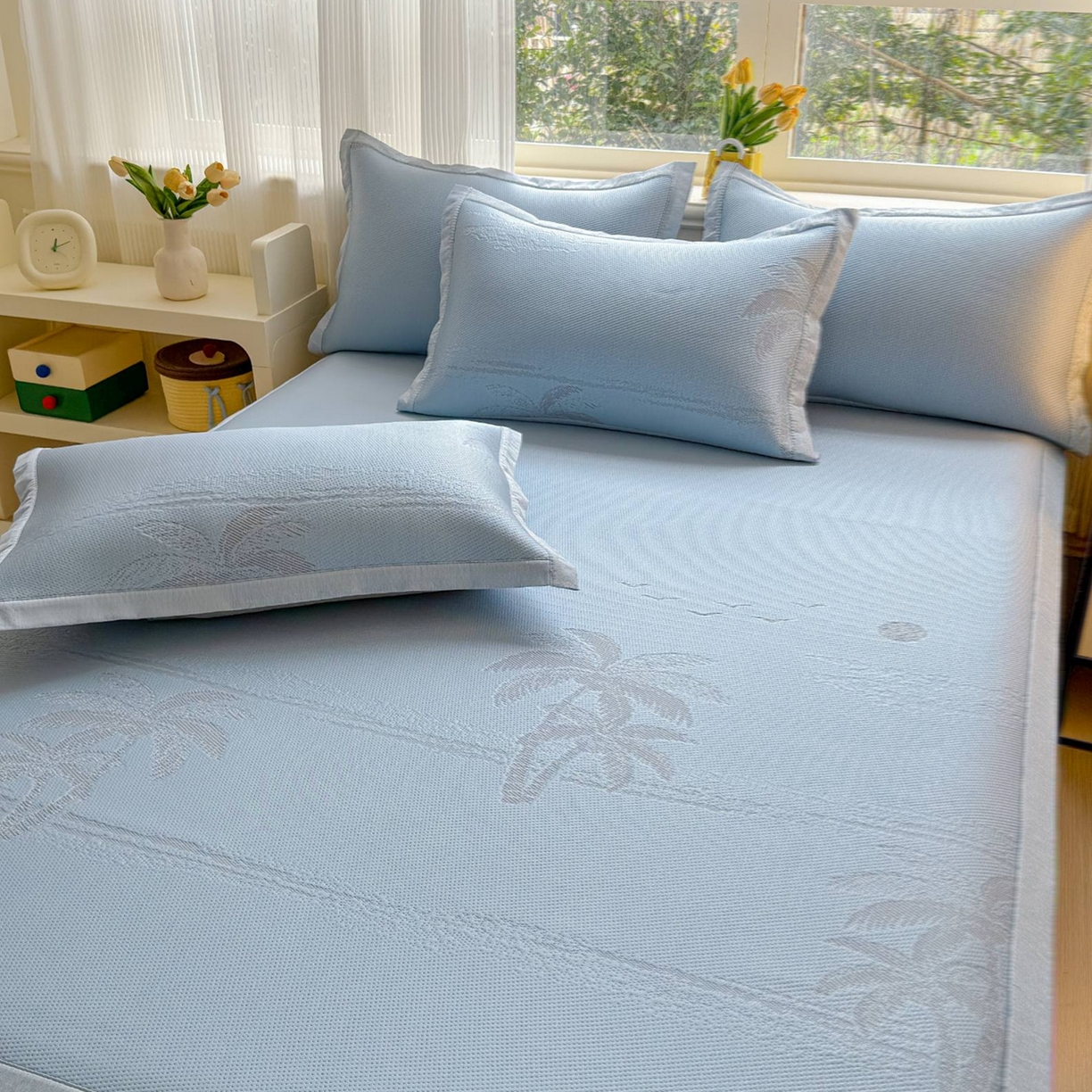 91家纺网 家纺一手货源 找家纺 席匠 2026新款硅胶防滑颗粒冰豆豆凉感席凉席席子 椰子树直角蓝