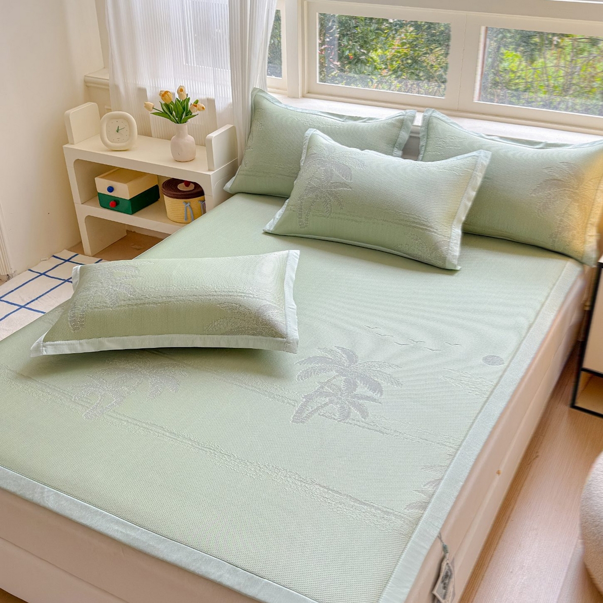 91家纺网 家纺一手货源 找家纺 席匠 2026新款硅胶防滑颗粒冰豆豆凉感席凉席席子 椰子树直角绿