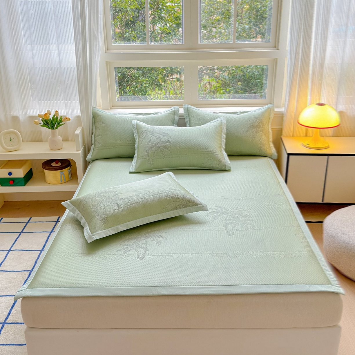 91家纺网 家纺一手货源 找家纺 席匠 2026新款硅胶防滑颗粒冰豆豆凉感席凉席席子 椰子树直角绿