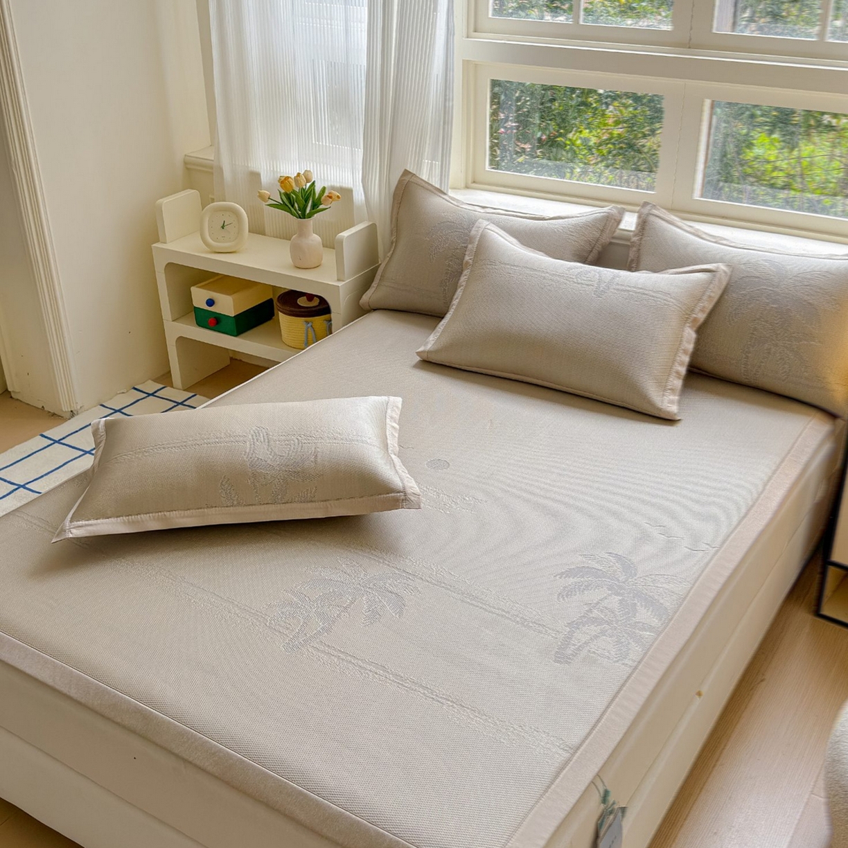 91家纺网 家纺一手货源 找家纺 席匠 2026新款硅胶防滑颗粒冰豆豆凉感席凉席席子 椰子树直角香槟