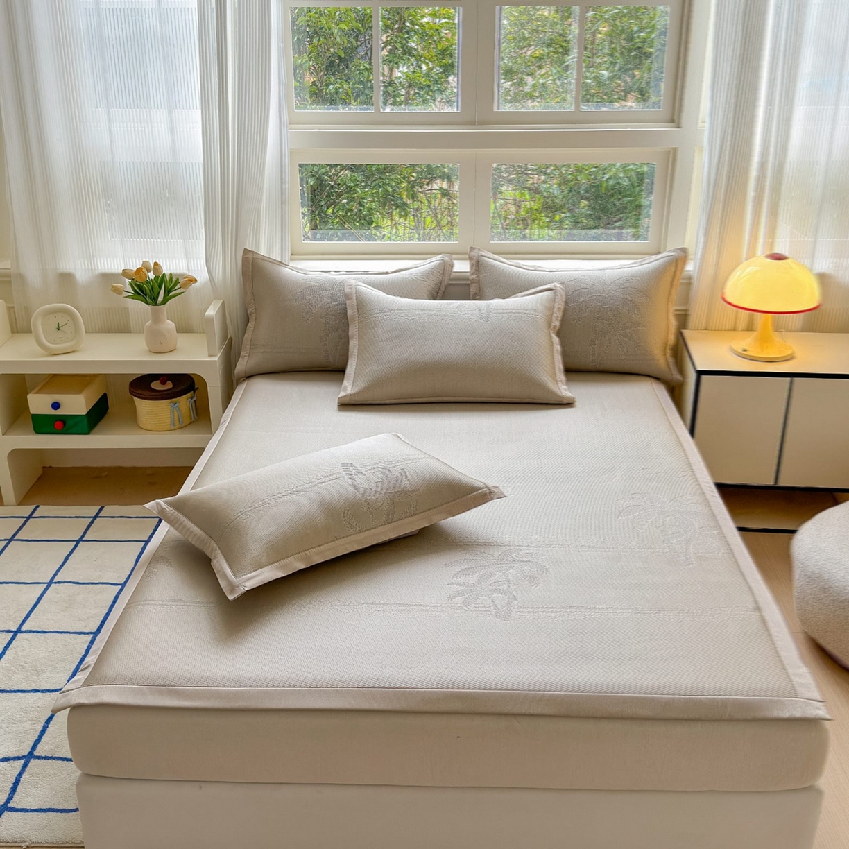 91家纺网 家纺一手货源 找家纺 席匠 2026新款硅胶防滑颗粒冰豆豆凉感席凉席席子 椰子树直角香槟