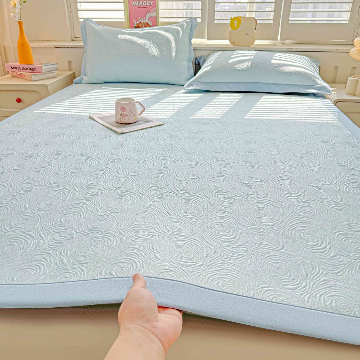 席匠 2026新款云柔玫瑰系列平铺款床裙款凉席席子 湖水蓝-平铺款