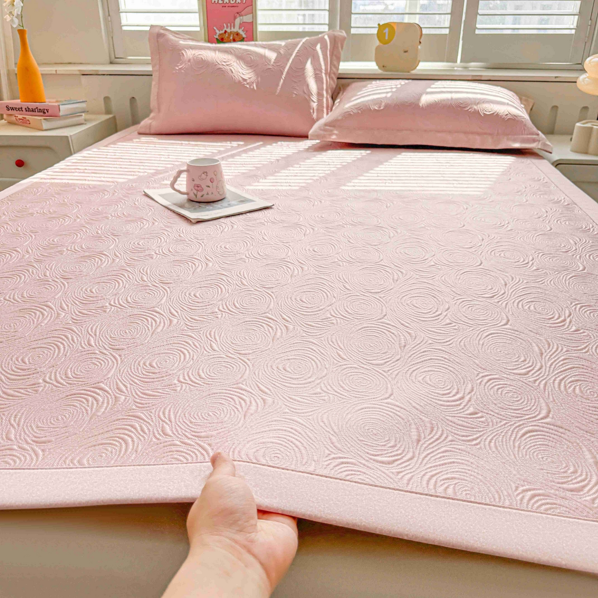 席匠 2026新款云柔玫瑰系列平铺款床裙款凉席席子 樱花粉-平铺款