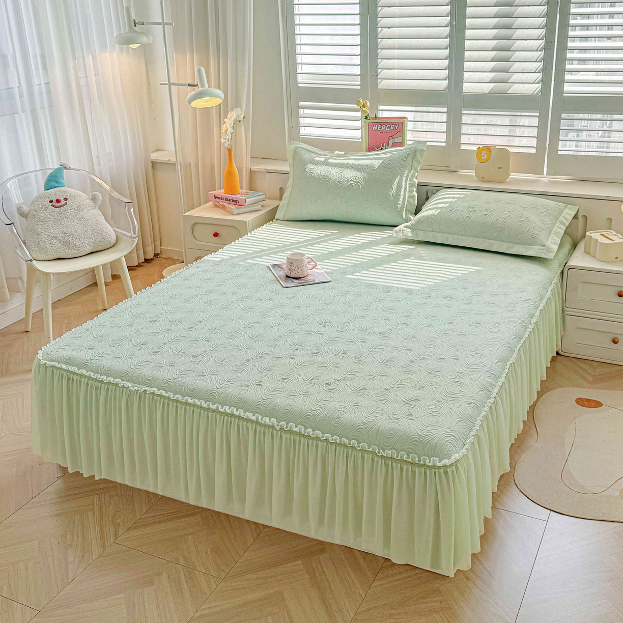 91家纺网 家纺一手货源 找家纺 席匠 2026新款云柔玫瑰系列平铺款床裙款凉席席子 薄荷绿-床裙款