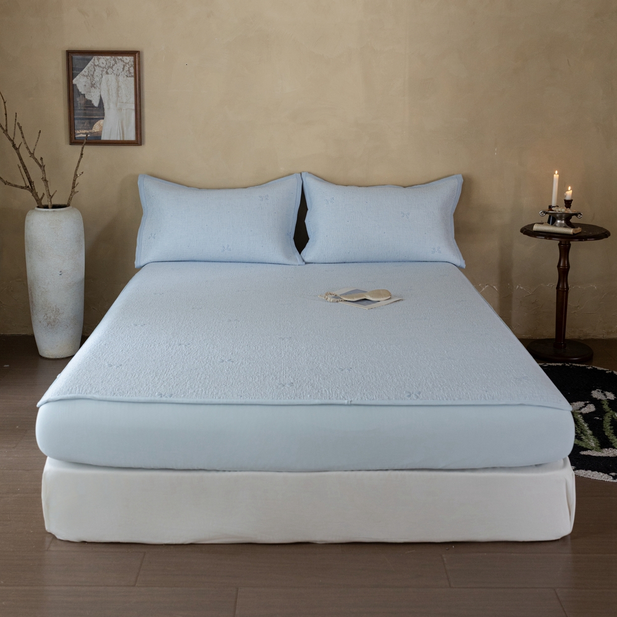 云上 2026新款冷萃丝三明治凉感席凉席席子-蝴蝶结系列 蝴蝶结床笠款-蓝色