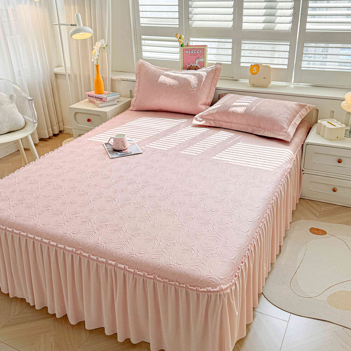 席匠 2026新款云柔玫瑰系列平铺款床裙款凉席席子 樱花粉-床裙款