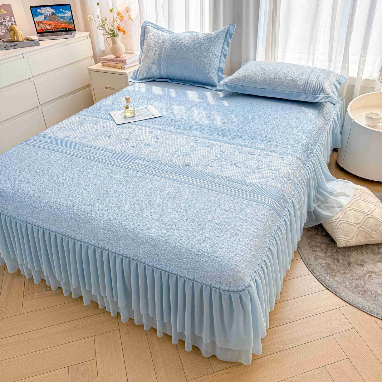 91家纺网 家纺一手货源 找家纺 席匠 2026新款LUX·奢序系列床裙款凉席席子 雾蓝