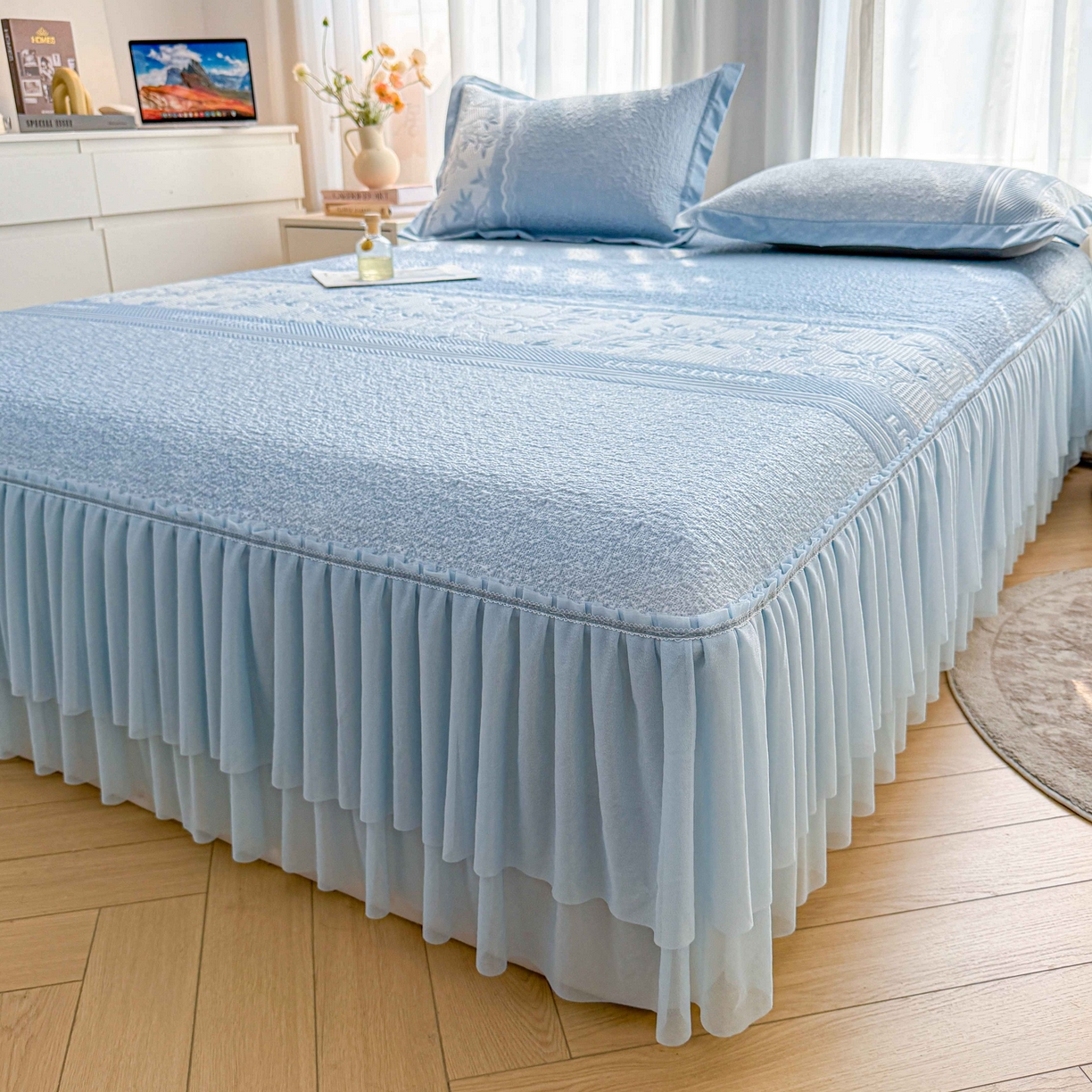 91家纺网 家纺一手货源 找家纺 席匠 2026新款LUX·奢序系列床裙款凉席席子 雾蓝