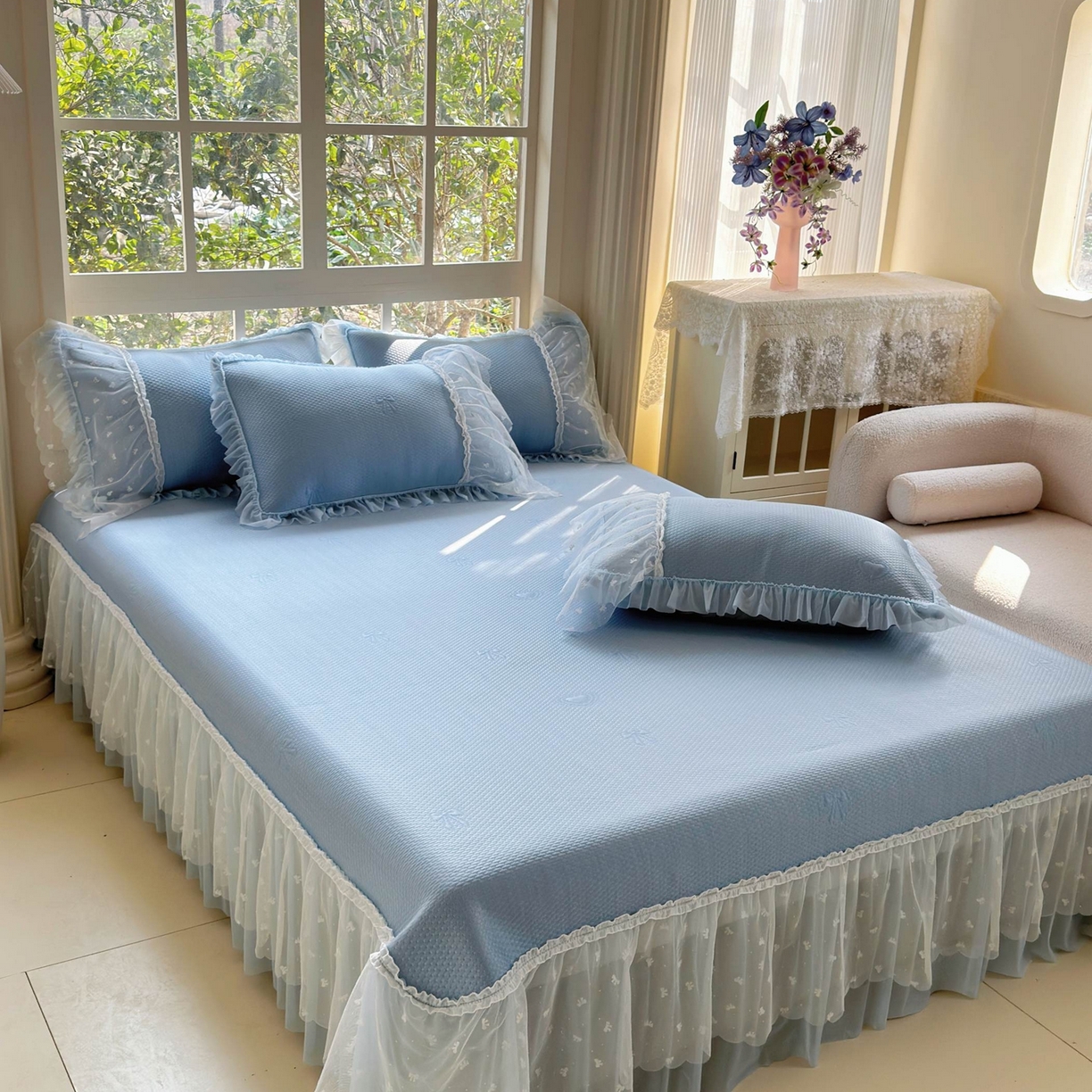 91家纺网 家纺一手货源 找家纺 席匠 2026新款针织软席凉感三件套-爱心系列 爱心床裙-蓝