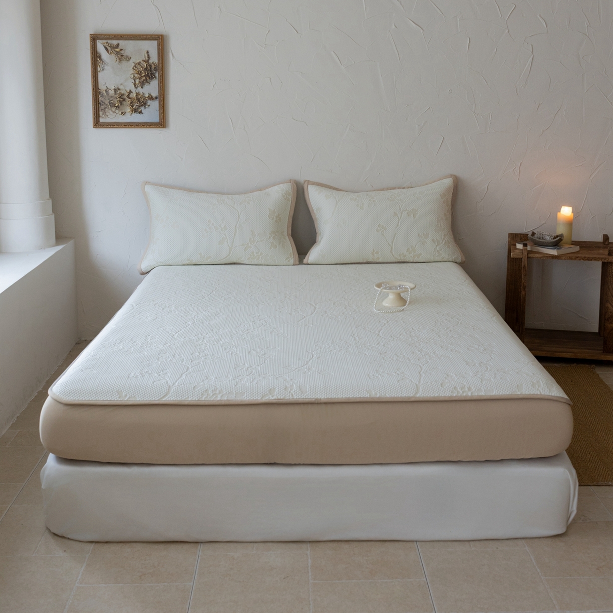 云上 2026新款冷萃丝三明治凉感席凉席席子-花漾系列 花漾床笠款-米黄