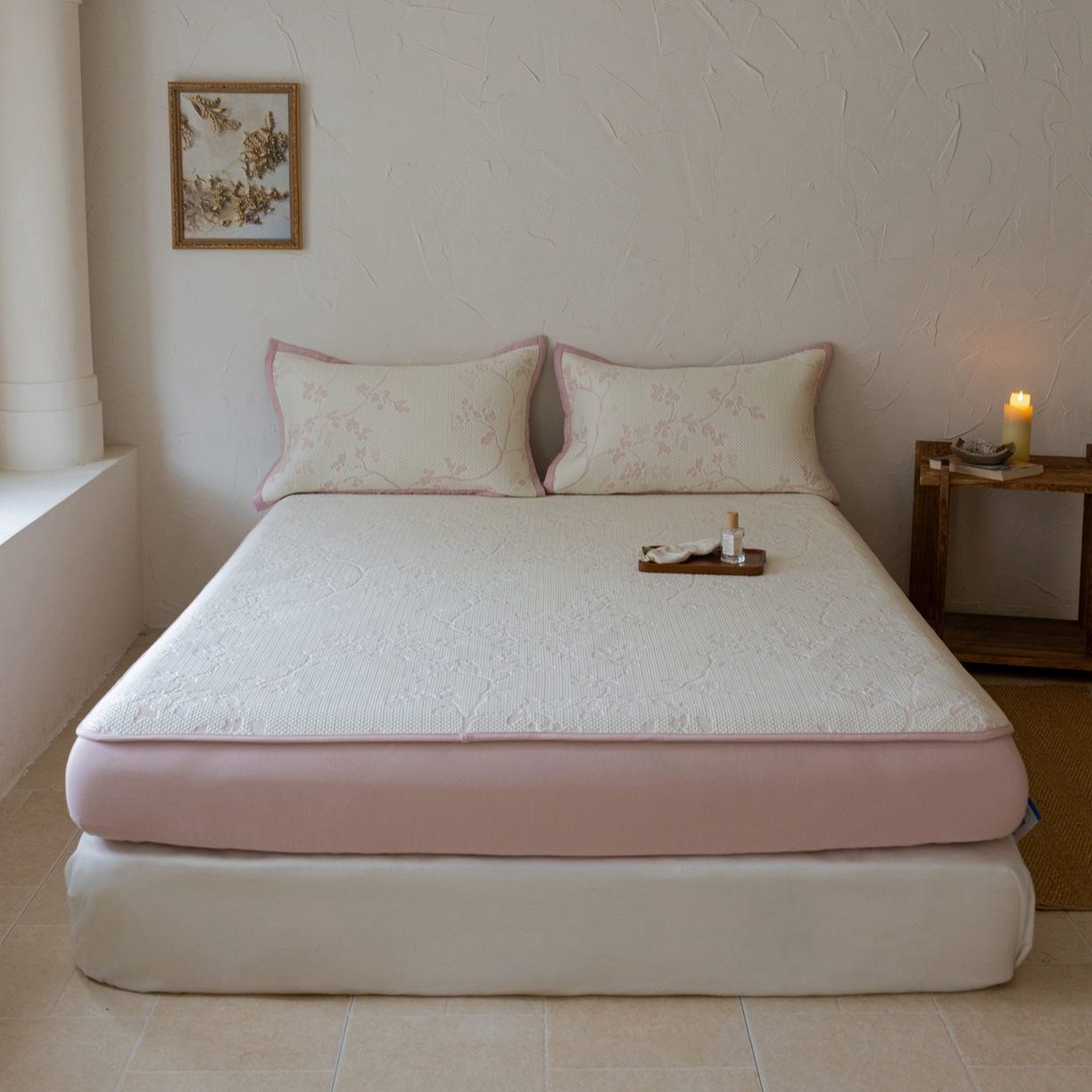 云上 2026新款冷萃丝三明治凉感席凉席席子-花漾系列 花漾床笠款-粉