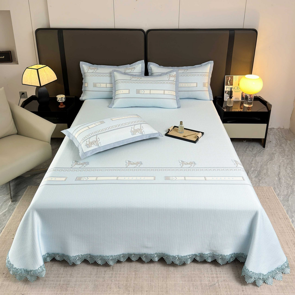 91家纺网 家纺一手货源 找家纺 席匠 2026新款双排扣子席三件套 双面马-蓝