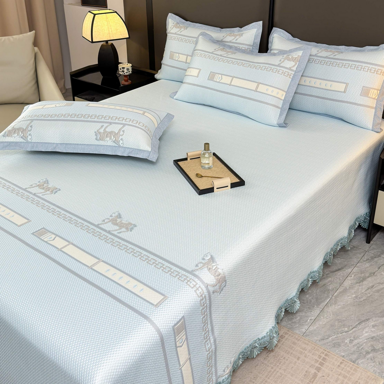 91家纺网 家纺一手货源 找家纺 席匠 2026新款双排扣子席三件套 双面马-蓝