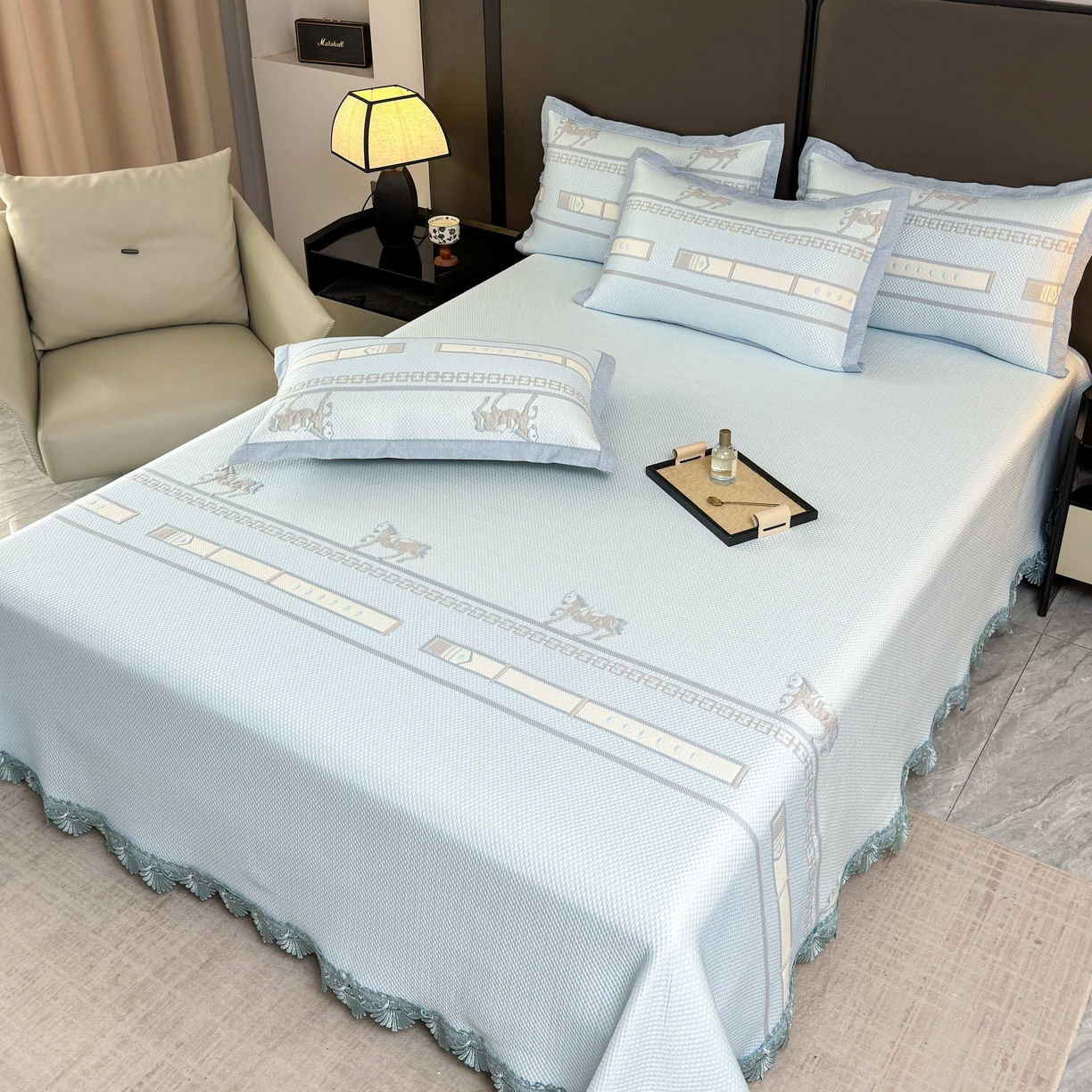 91家纺网 家纺一手货源 找家纺 席匠 2026新款双排扣子席三件套 双面马-蓝