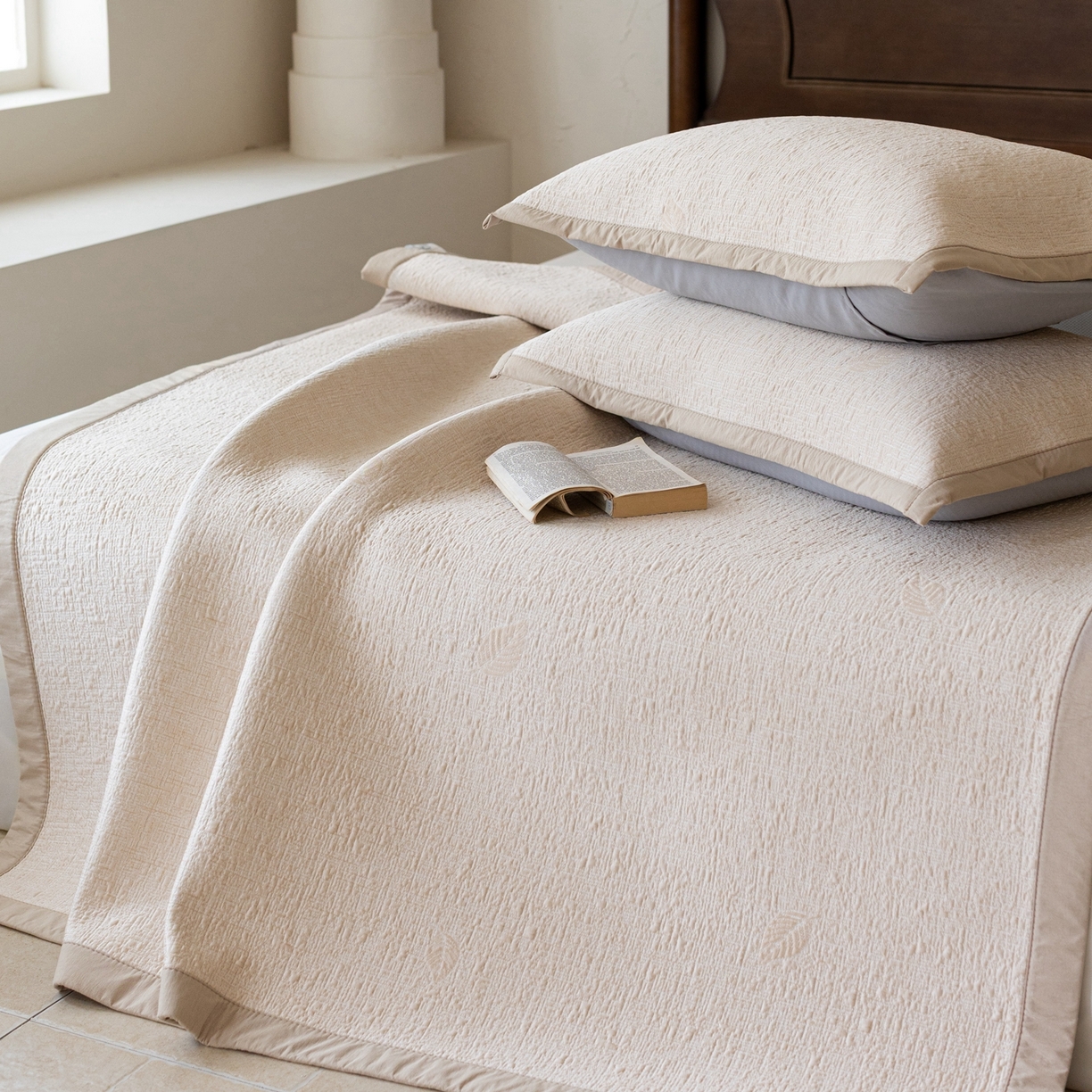 91家纺网 家纺一手货源 找家纺 云上 2026新款冷萃丝三明治凉感席凉席席子-树叶系列 树叶床席-香槟色