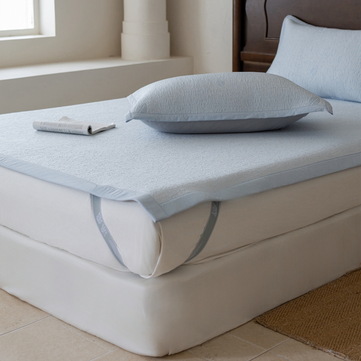 91家纺网 家纺一手货源 找家纺 云上 2026新款冷萃丝三明治凉感席凉席席子-树叶系列 树叶床席-蓝色