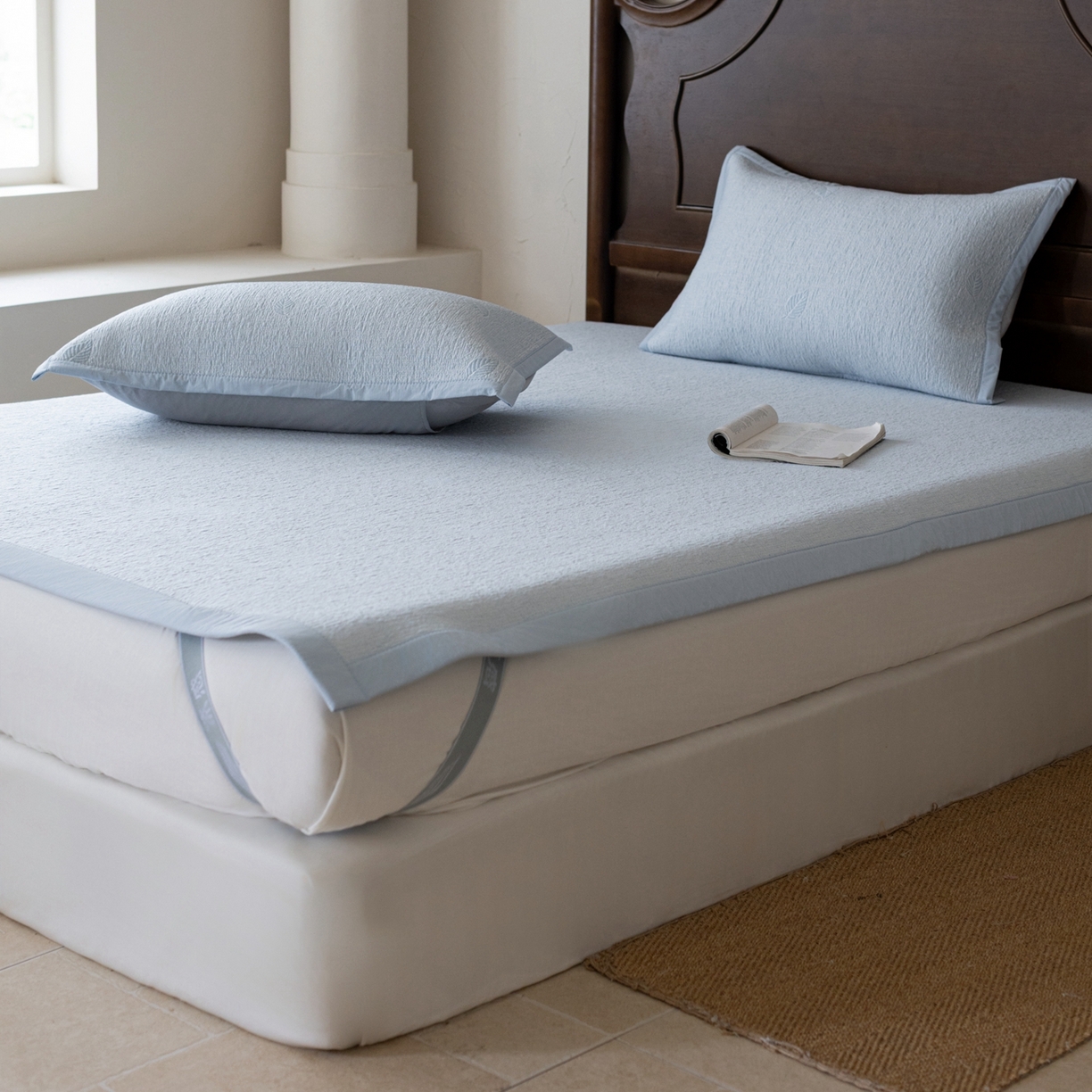 91家纺网 家纺一手货源 找家纺 云上 2026新款冷萃丝三明治凉感席凉席席子-树叶系列 树叶床席-蓝色