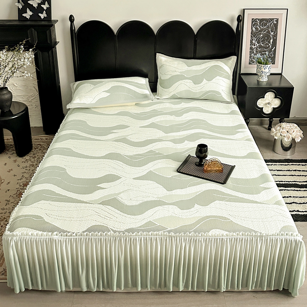 富馨莱 2026春夏新款PE乙纶高克重冰豆豆席凉感凉席单件床裙三件套支持一件定做尺寸 波纹-绿