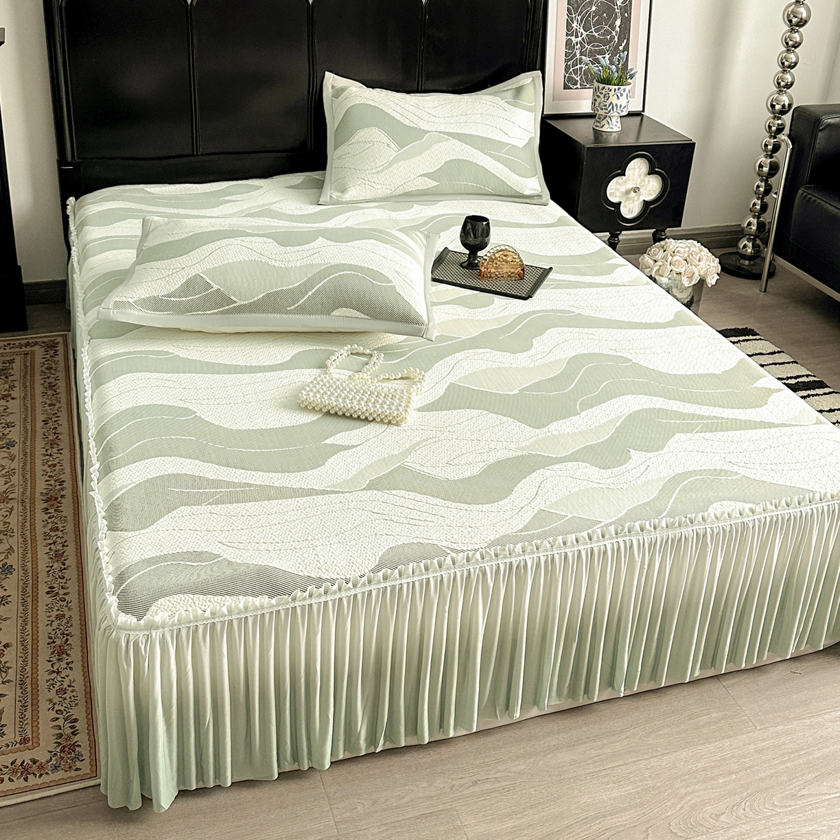 91家纺网 家纺一手货源 找家纺 富馨莱 2026春夏新款PE乙纶高克重冰豆豆席凉感凉席单件床裙三件套支持一件定做尺寸 波纹-绿