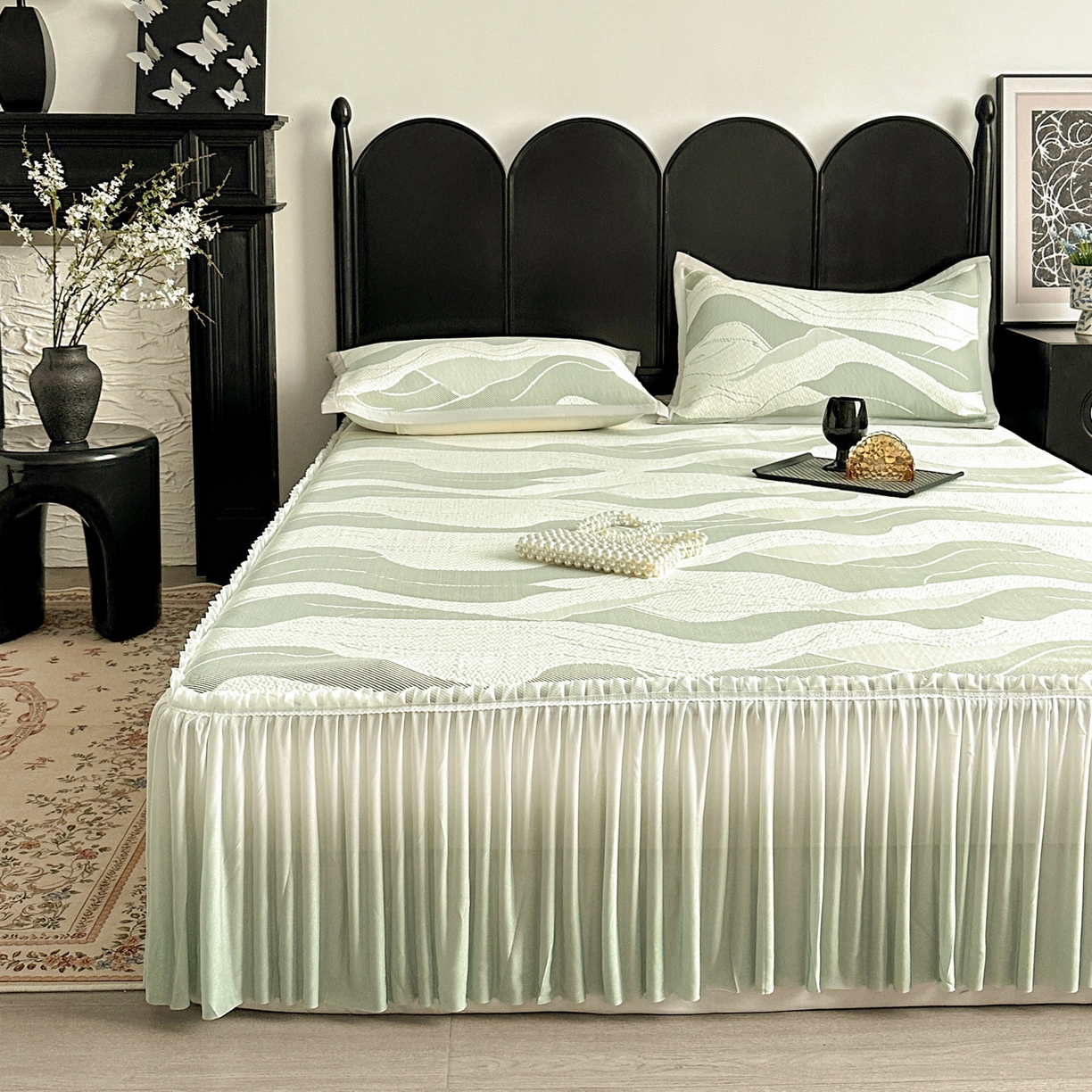 91家纺网 家纺一手货源 找家纺 富馨莱 2026春夏新款PE乙纶高克重冰豆豆席凉感凉席单件床裙三件套支持一件定做尺寸 波纹-绿