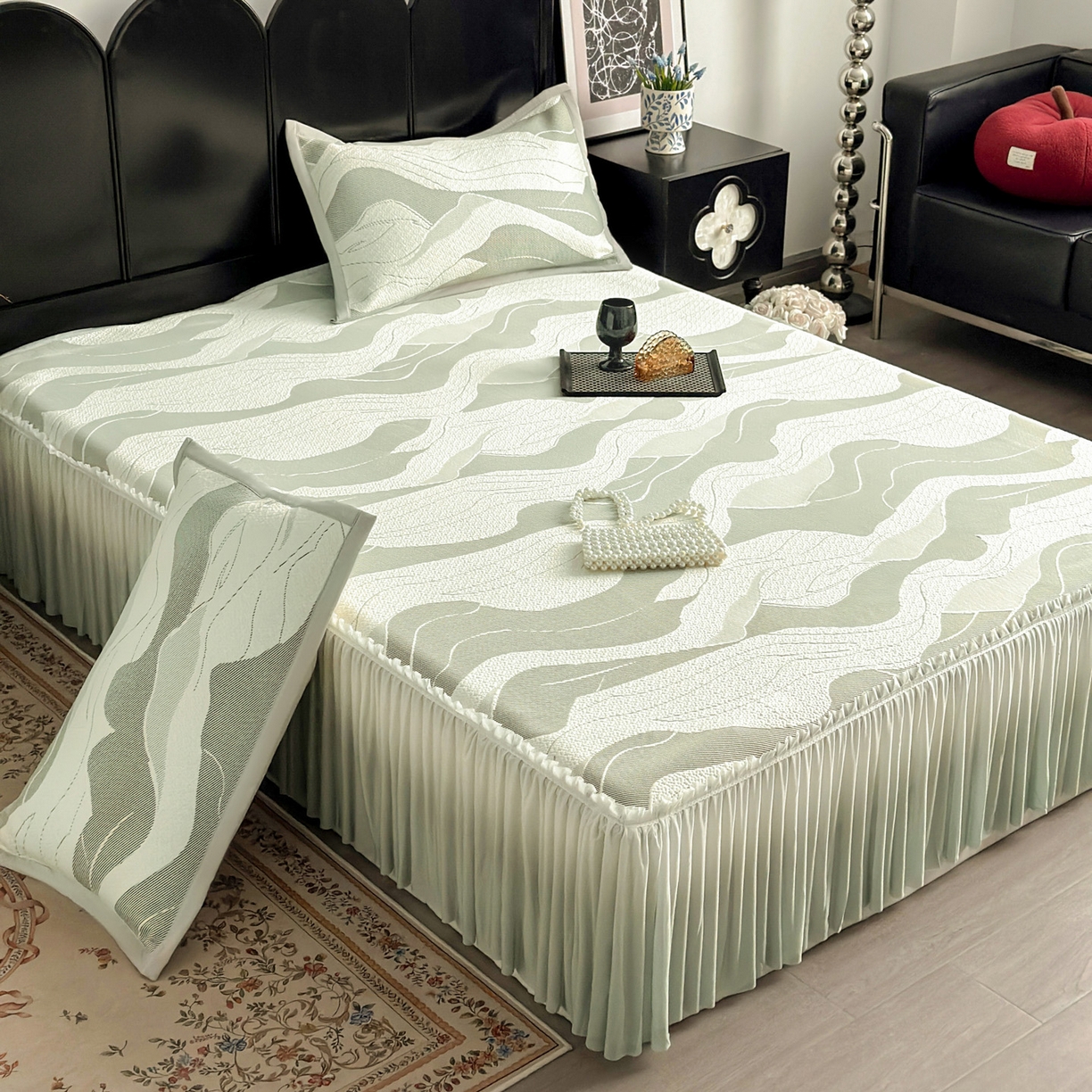 91家纺网 家纺一手货源 找家纺 富馨莱 2026春夏新款PE乙纶高克重冰豆豆席凉感凉席单件床裙三件套支持一件定做尺寸 波纹-绿