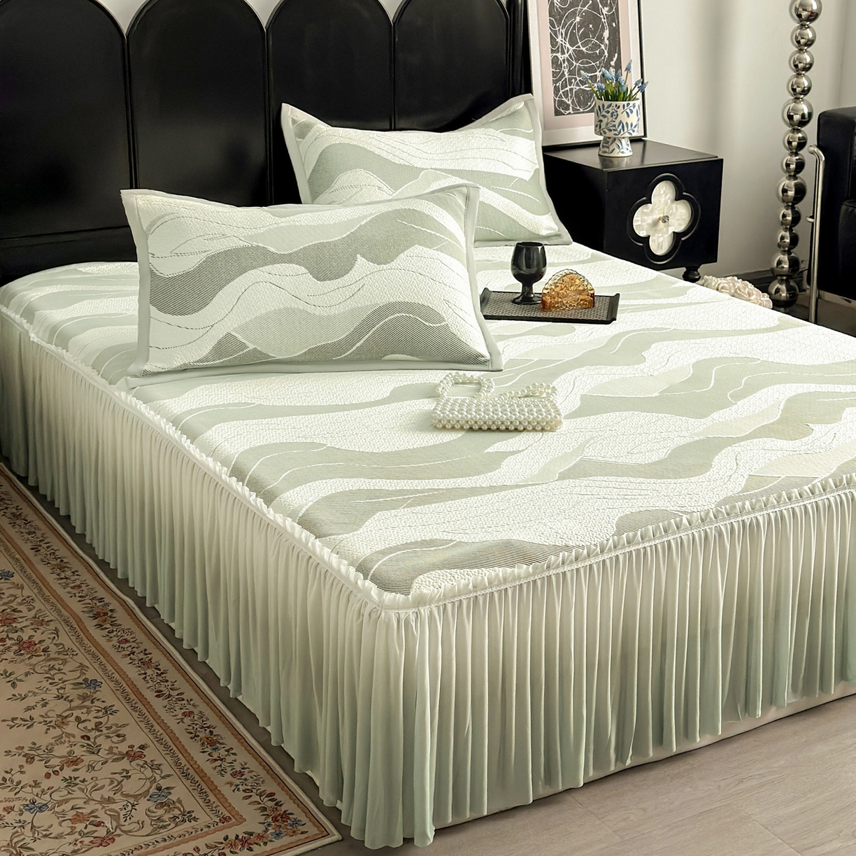 91家纺网 家纺一手货源 找家纺 富馨莱 2026春夏新款PE乙纶高克重冰豆豆席凉感凉席单件床裙三件套支持一件定做尺寸 波纹-绿