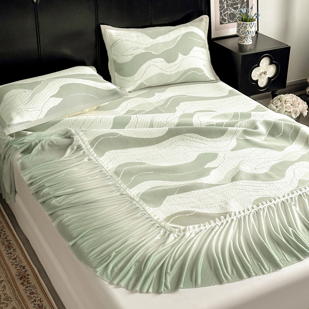 91家纺网 家纺一手货源 找家纺 富馨莱 2026春夏新款PE乙纶高克重冰豆豆席凉感凉席单件床裙三件套支持一件定做尺寸 波纹-绿