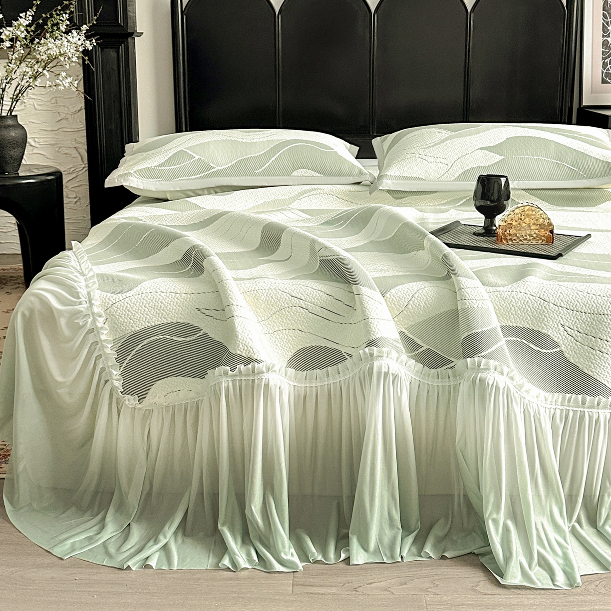 91家纺网 家纺一手货源 找家纺 富馨莱 2026春夏新款PE乙纶高克重冰豆豆席凉感凉席单件床裙三件套支持一件定做尺寸 波纹-绿