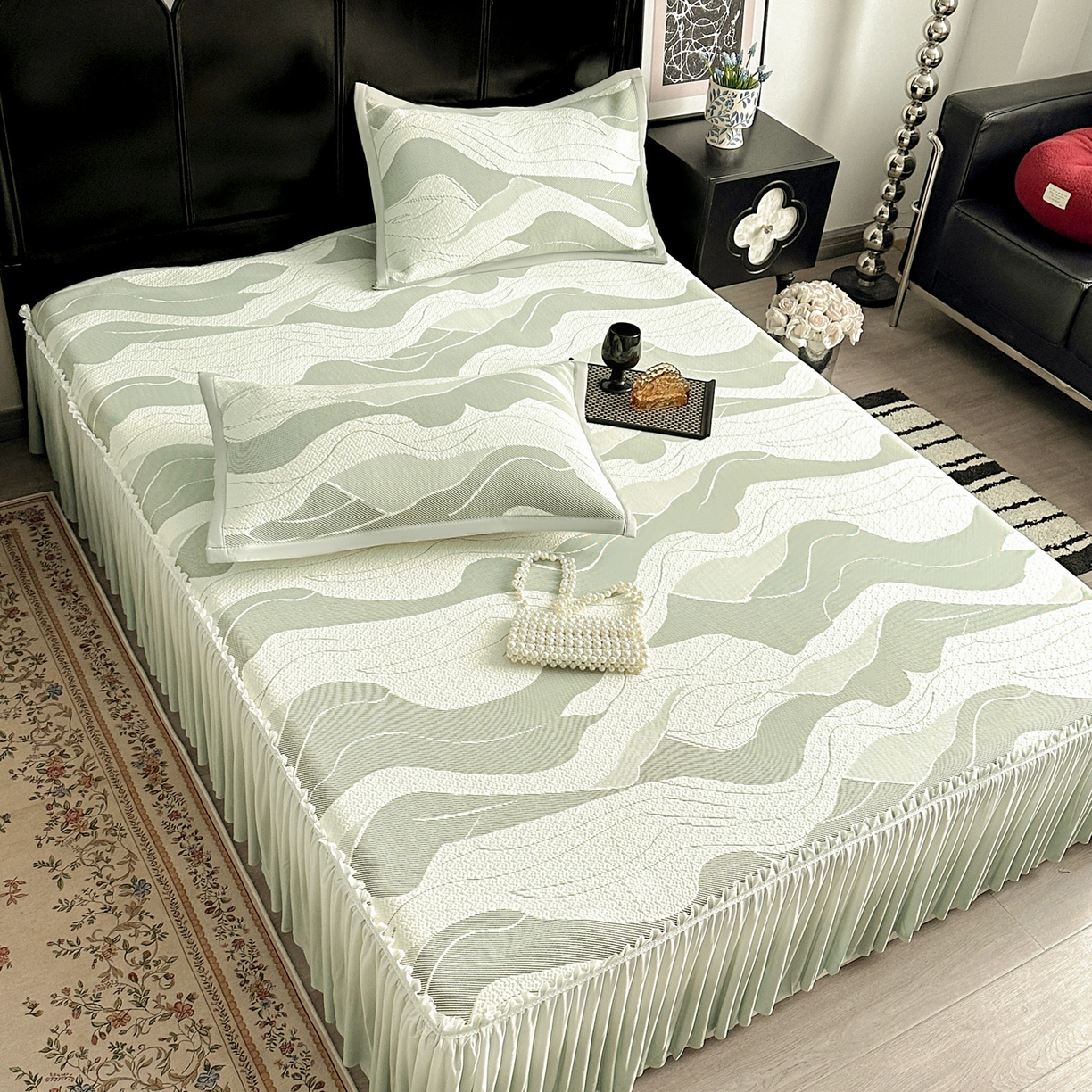 91家纺网 家纺一手货源 找家纺 富馨莱 2026春夏新款PE乙纶高克重冰豆豆席凉感凉席单件床裙三件套支持一件定做尺寸 波纹-绿