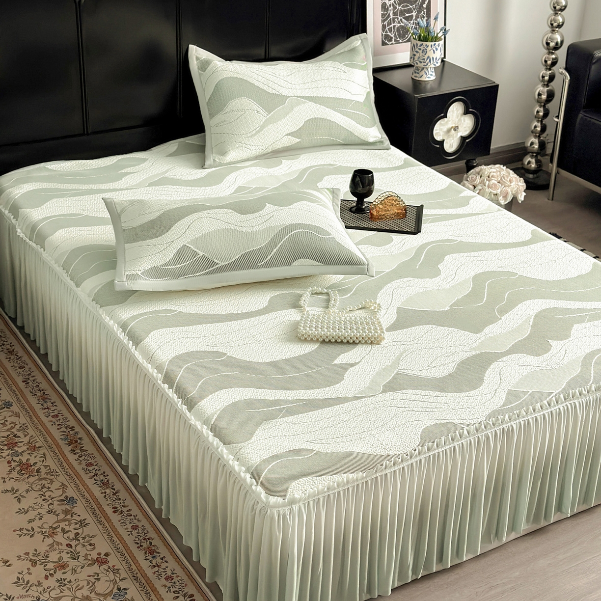 91家纺网 家纺一手货源 找家纺 富馨莱 2026春夏新款PE乙纶高克重冰豆豆席凉感凉席单件床裙三件套支持一件定做尺寸 波纹-绿