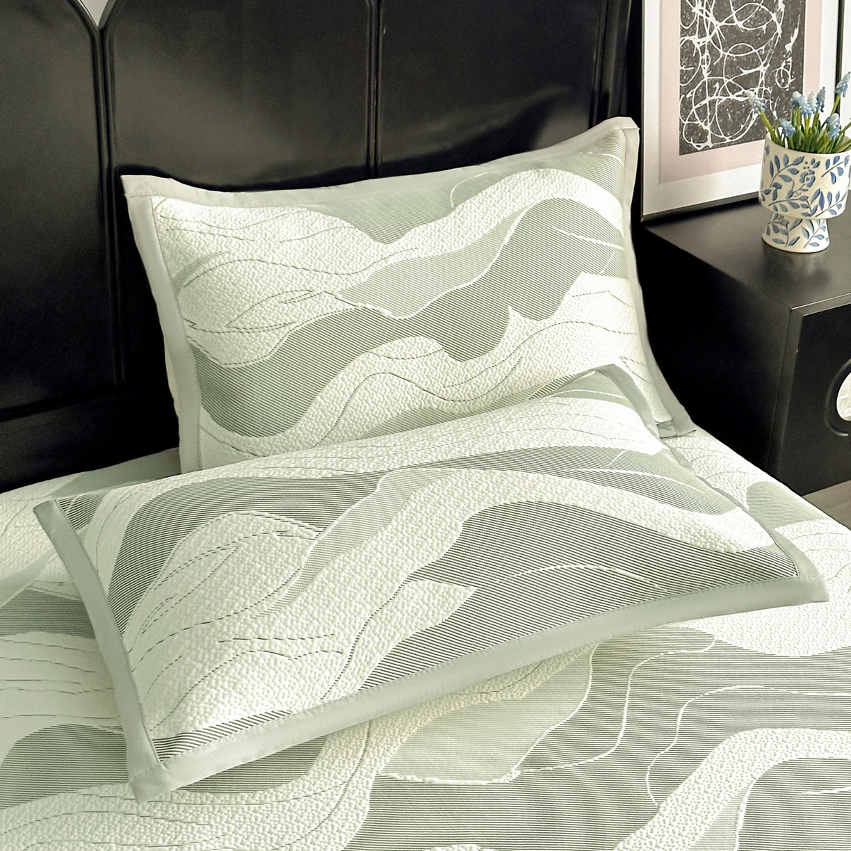 91家纺网 家纺一手货源 找家纺 富馨莱 2026春夏新款PE乙纶高克重冰豆豆席凉感凉席单件床裙三件套支持一件定做尺寸 波纹-绿